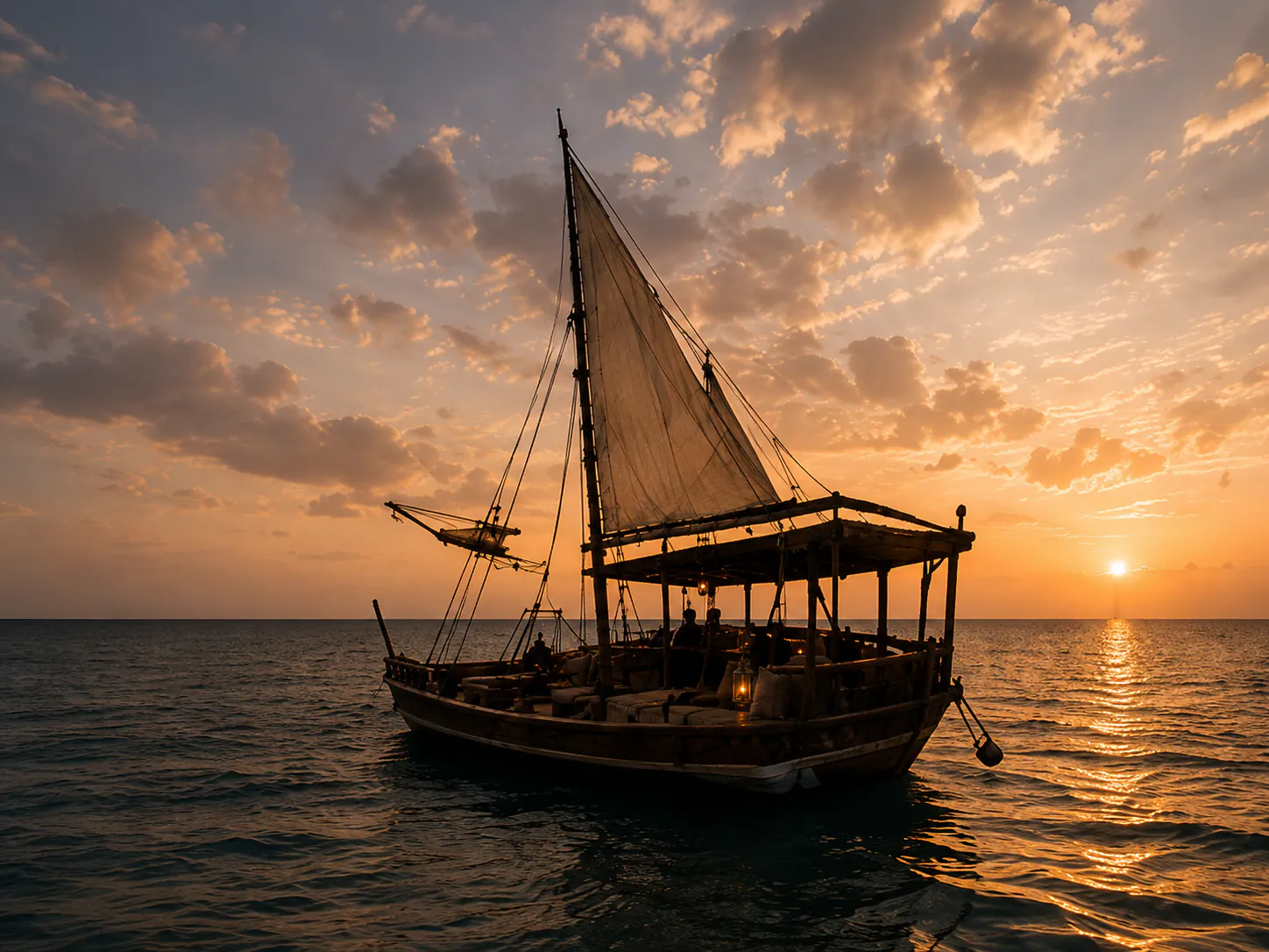 Sunset over the Zanzibar coast with a traditional dhow